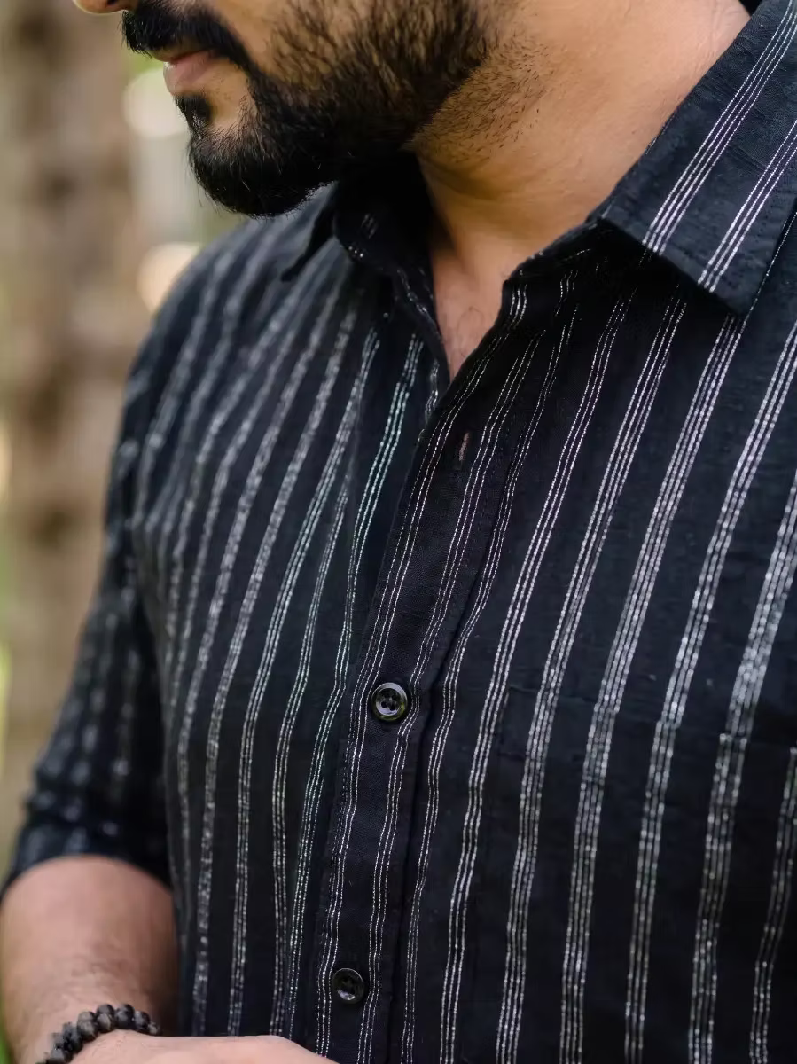 Black & Silver Flecha Cotton Shirt and Silver Kasavu Mundu Dhoti Combo