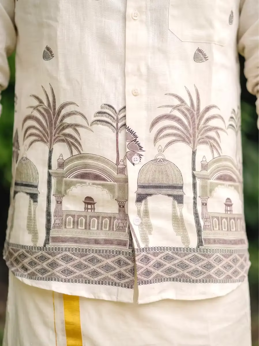 Ivory White Heritage designer Cotton Shirt and Kasavu Mundu Dhoti Combo