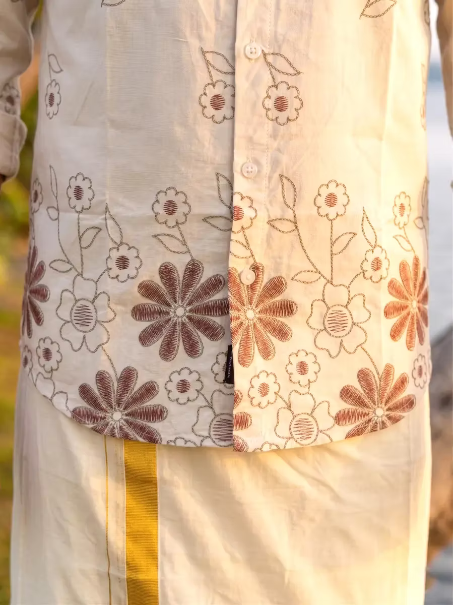 Ivory White Botanical Motif Cotton Shirt & Kasavu Mundu Dhoti Combo