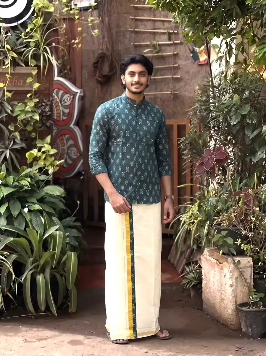 Deep Teal Blue Ajrak Shirt & Mundu Combo