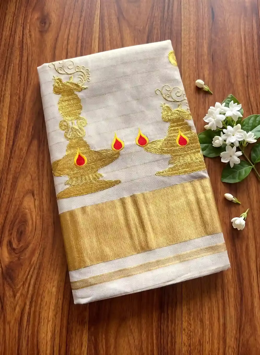 Nilavilakku Embroidery Striped Kerala Tissue Kasavu Saree with Blouse