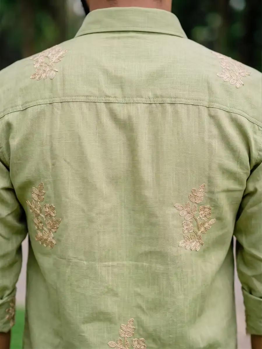 Sage Green Botanical Embroidered Cotton Shirt and Kasavu Mundu Dhoti Combo