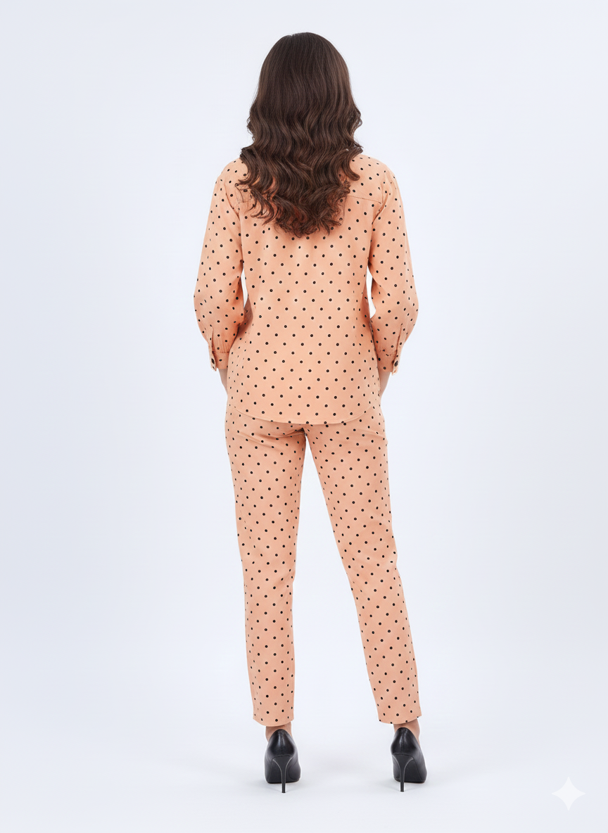 Glamoura X Apricot Dot Co-ord Set | Peach Polka Dot Button-Down & Trousers