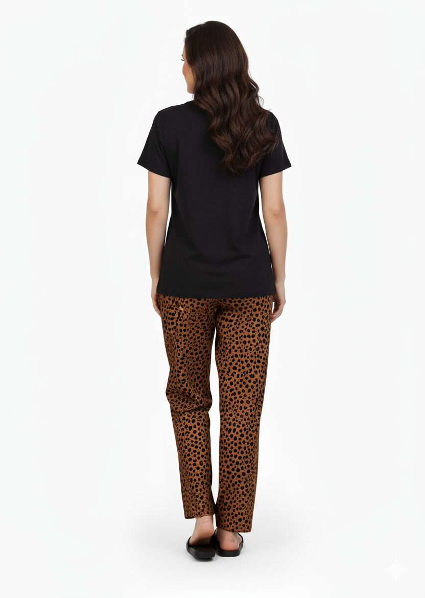 Black T-Shirt & Brown Speckle Print Pajamas Set