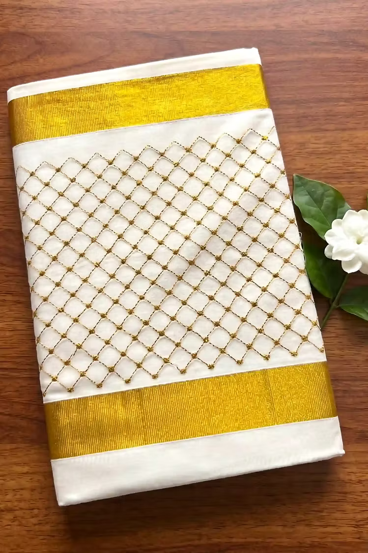 Golden Diamond Embroidery Cotton Kerala Kasavu Saree