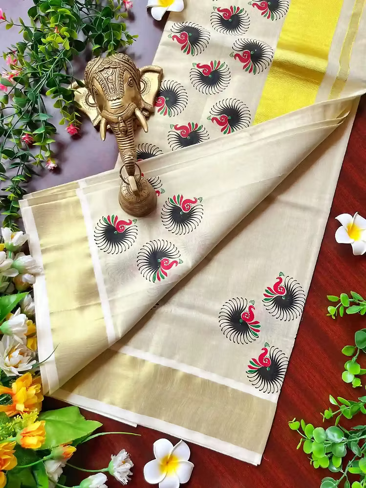 Mayura Motif Golden Kasavu Tissue Saree