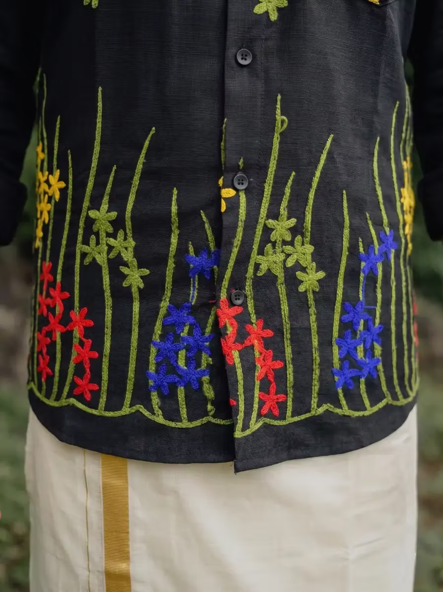 Black Multicolor Floral Embroidered Cotton Shirt and Kasavu Mundu Dhoti Combo
