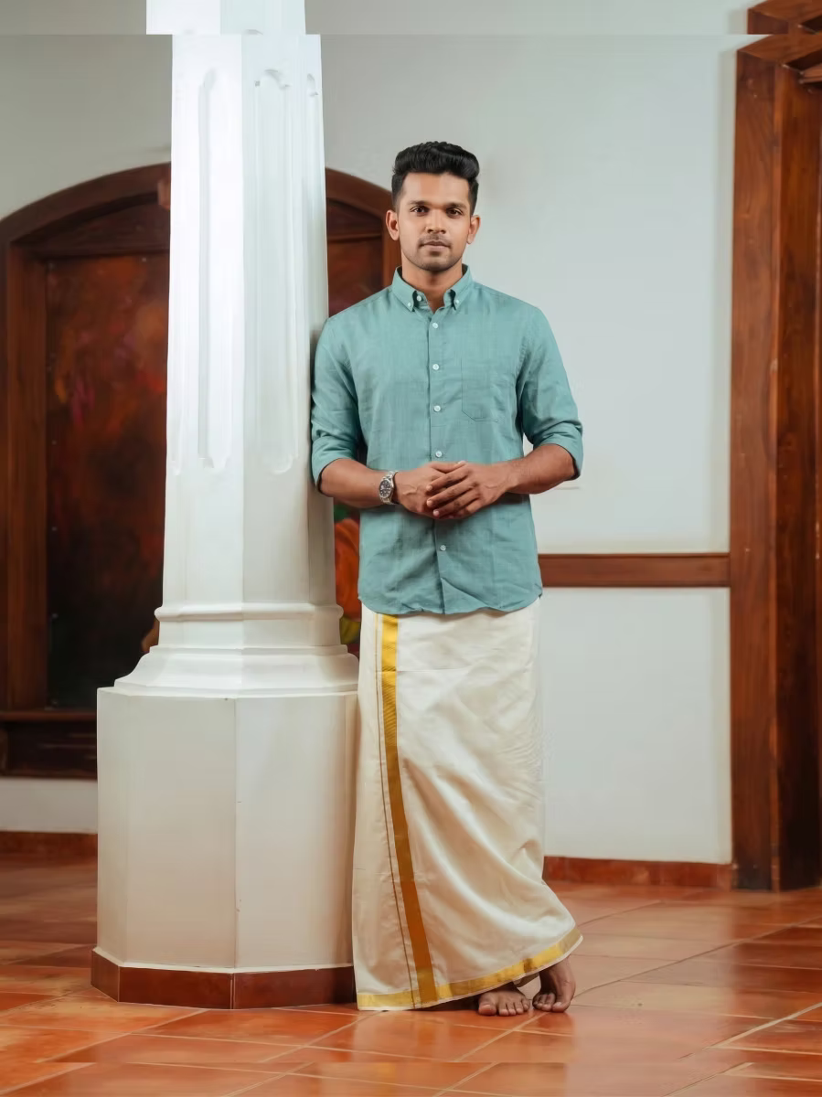Teal Blue Linen Cotton Shirt and Kasavu Mundu Dhoti Combo