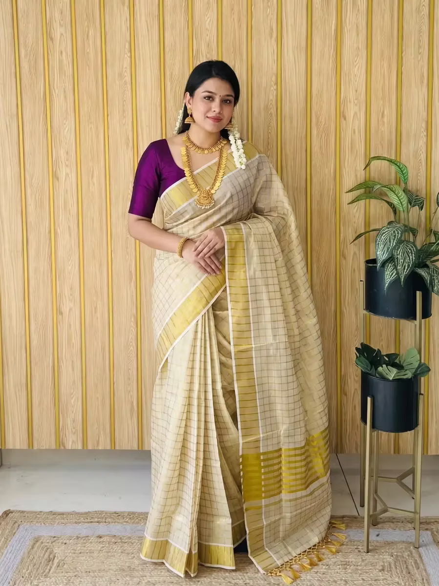 Golden Block Balaramapuram Kasavu Tissue Saree With Tussel