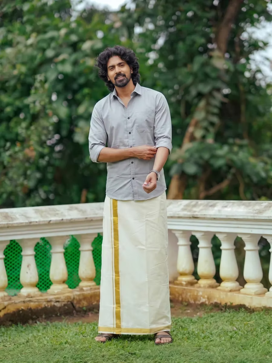Grey Shirt and Kasavu Mundu Dhoti Combo Set