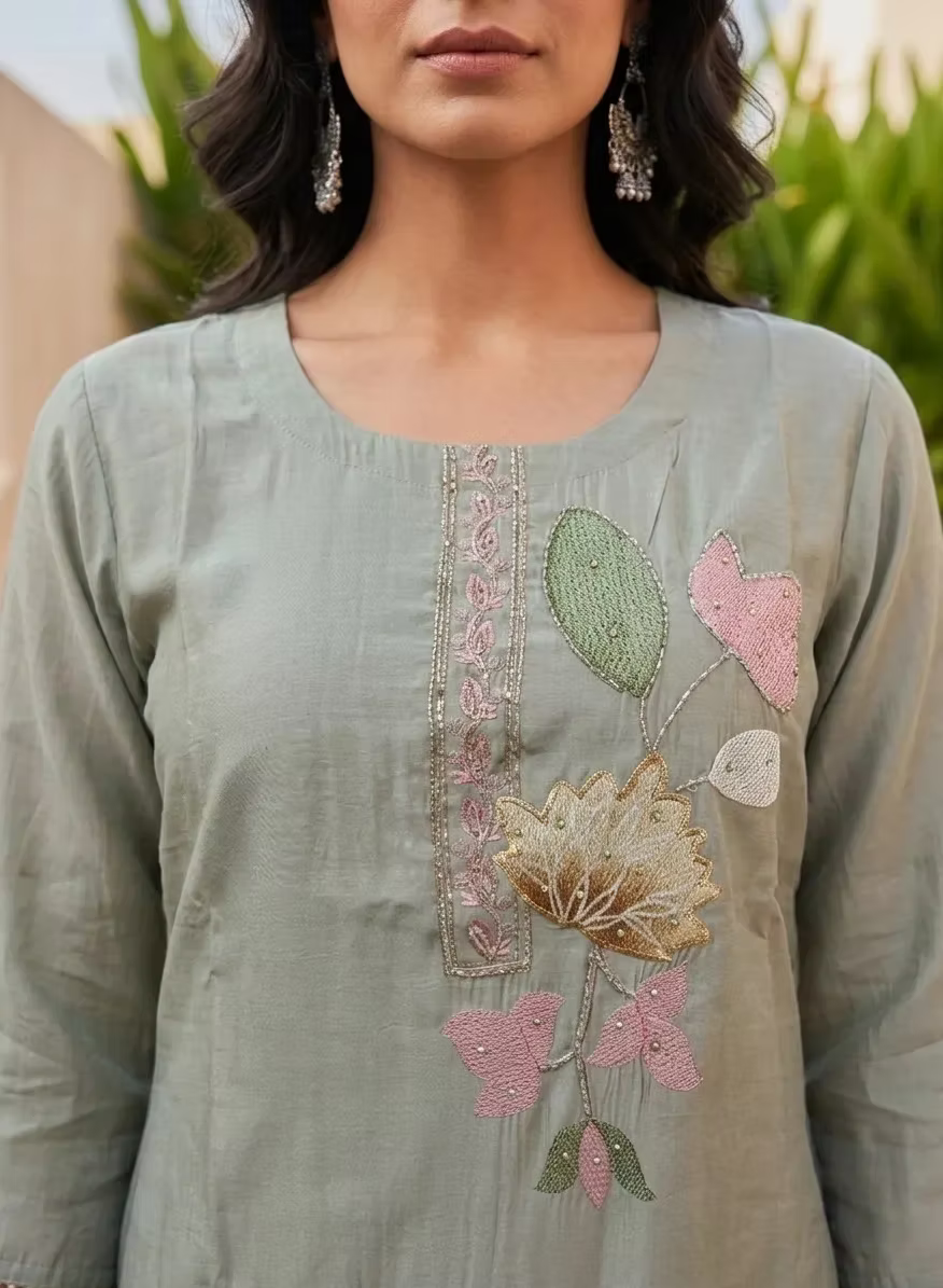 Sage Green Floral Embroidery Kurta Set with Silver Zari Dupatta