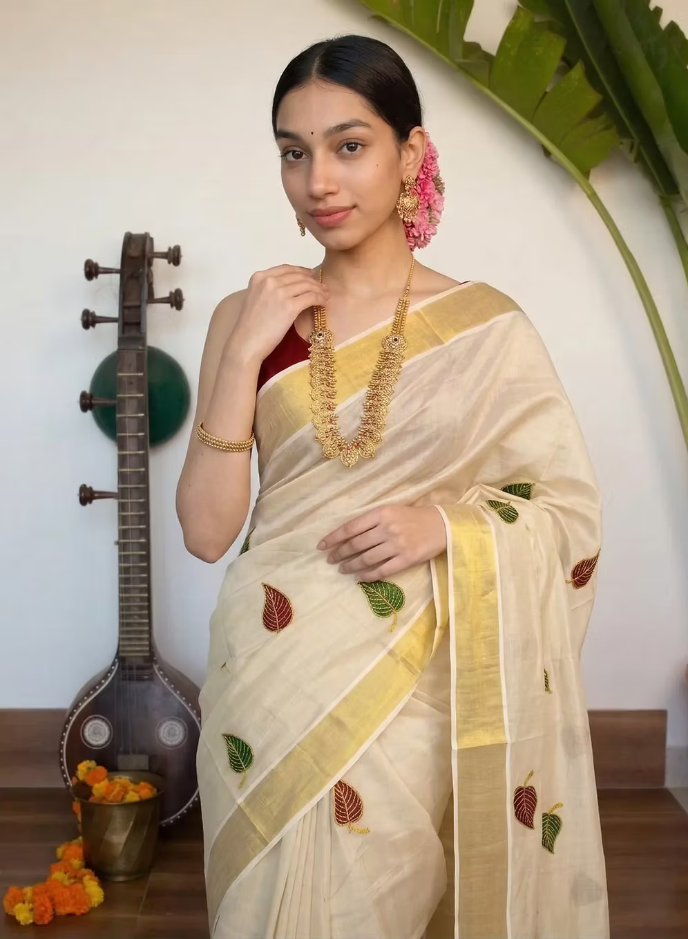 Green & Maroon Leaf Embroidery Golden Kasavu Tissue Saree With Running Blouse