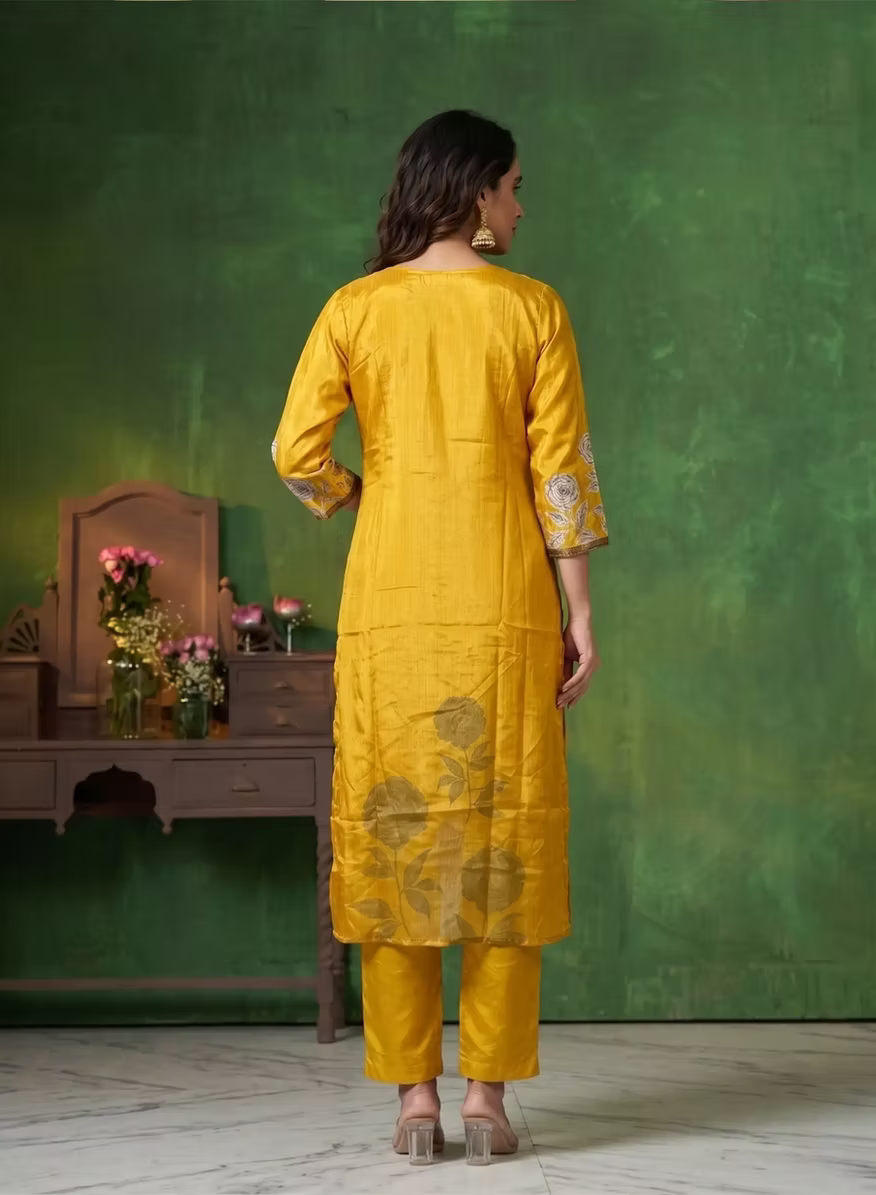 Bright Mustard Intricate Floral Threadwork Kurta Set & Botanical Motif Dupatta