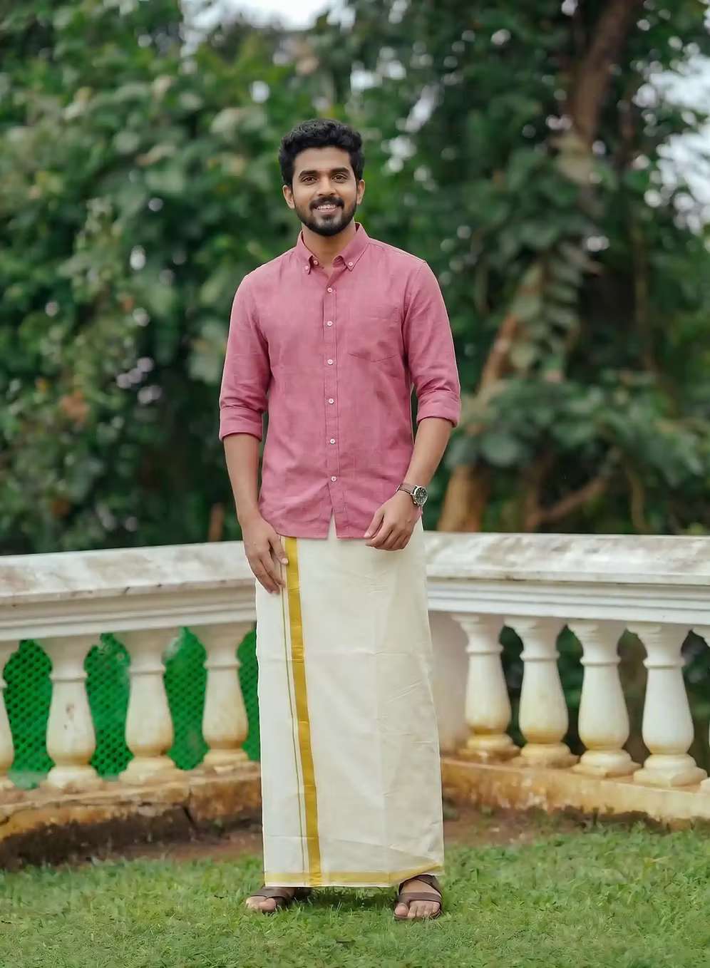 Rose Pink Linen Cotton Shirt and Kasavu Mundu Dhoti Combo