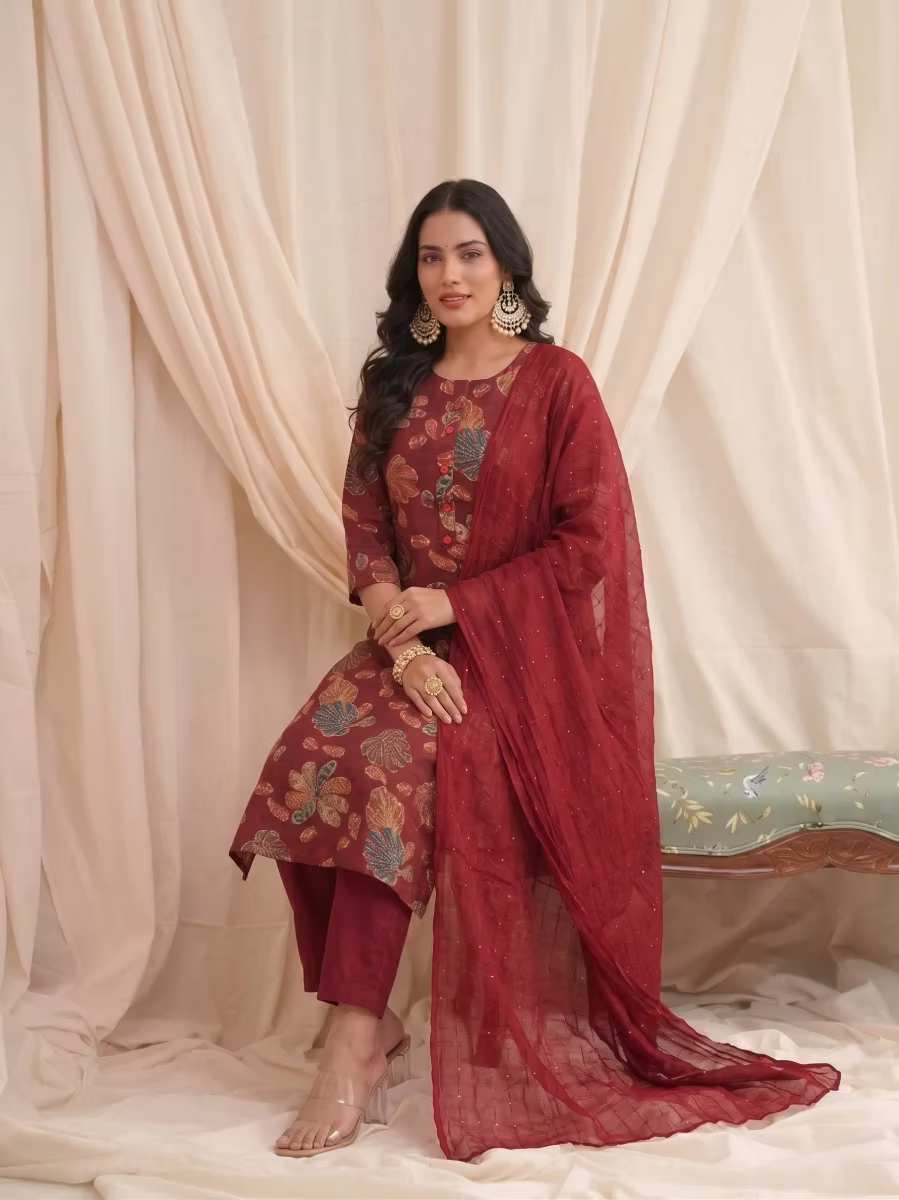 Maroon Multicolor Botanical Kurta Set with Dupatta