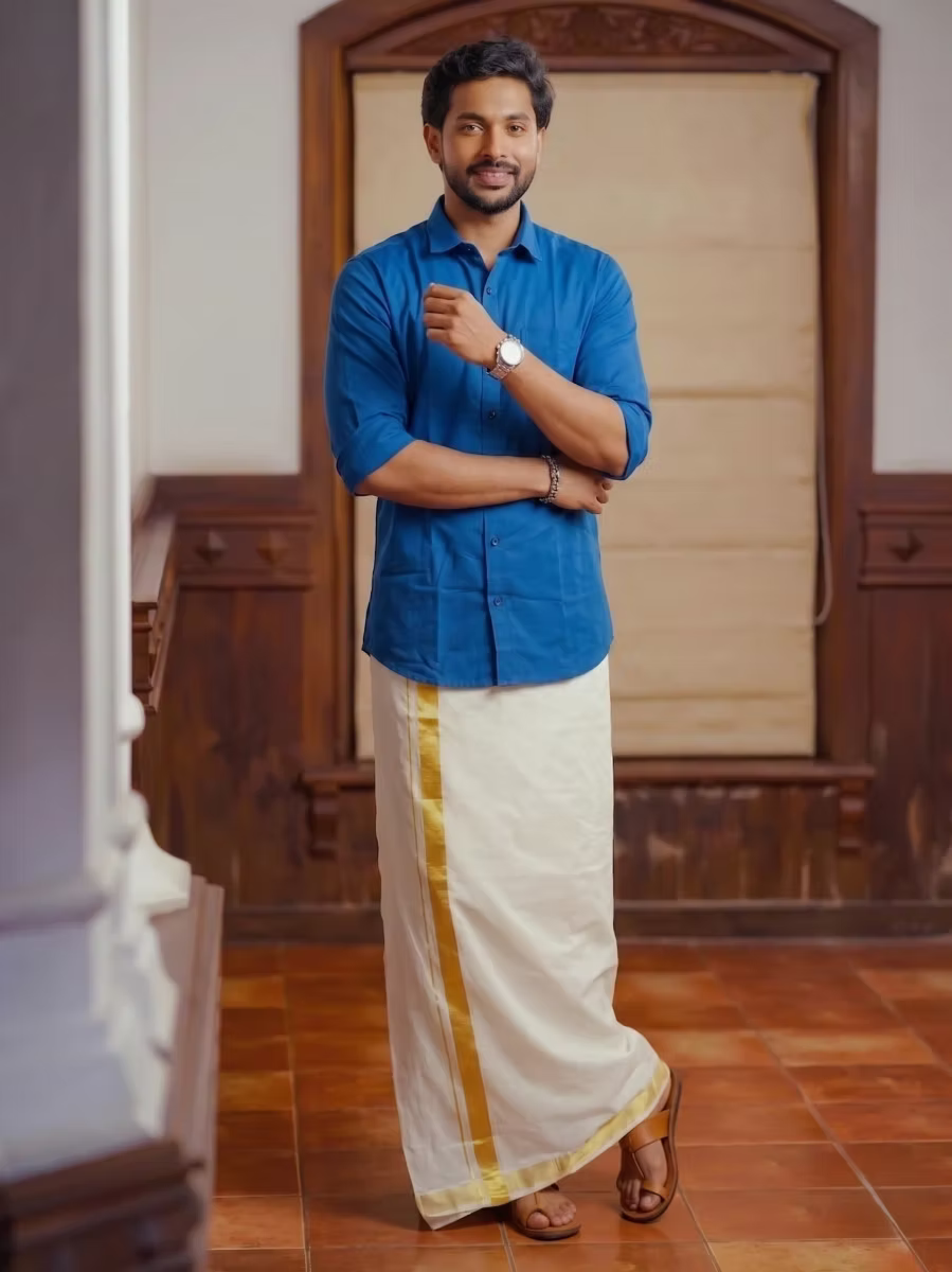 Royal Blue Shirt and Kasavu Mundu Dhoti Combo Set