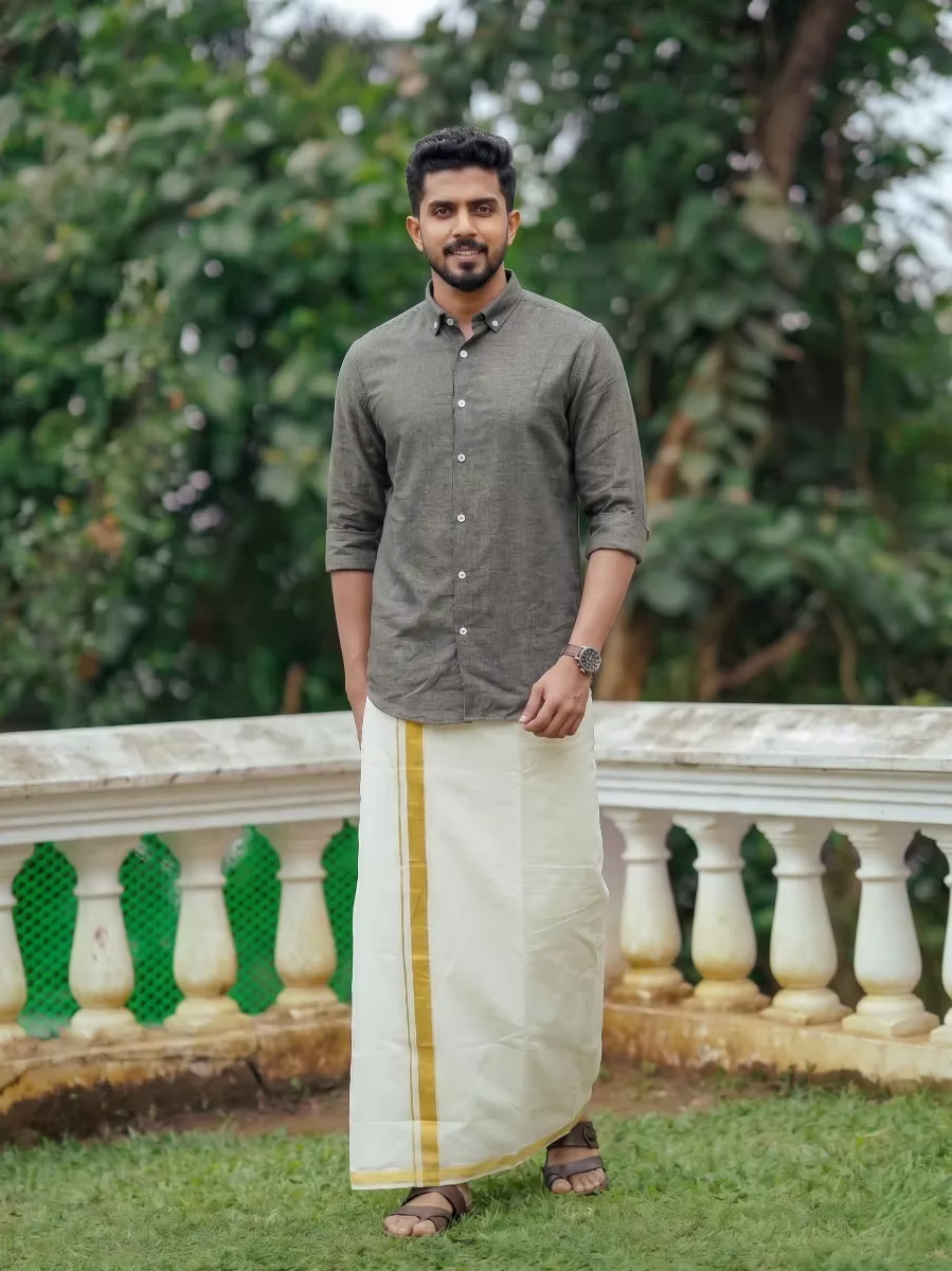 Grey Linen Cotton Shirt and Kasavu Mundu Dhoti Combo