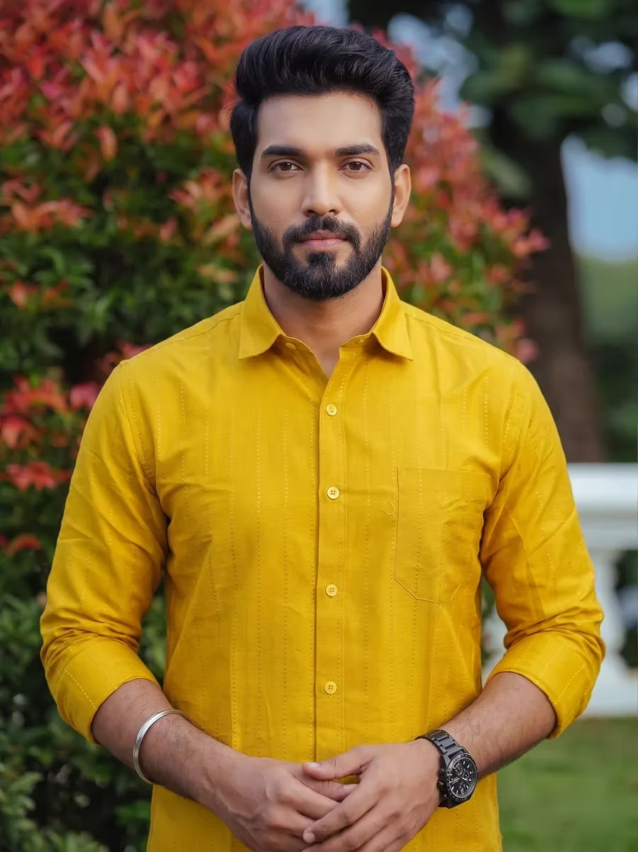 Mustard Yellow Golden Flecha Cotton Shirt and Kasavu Mundu Dhoti Combo