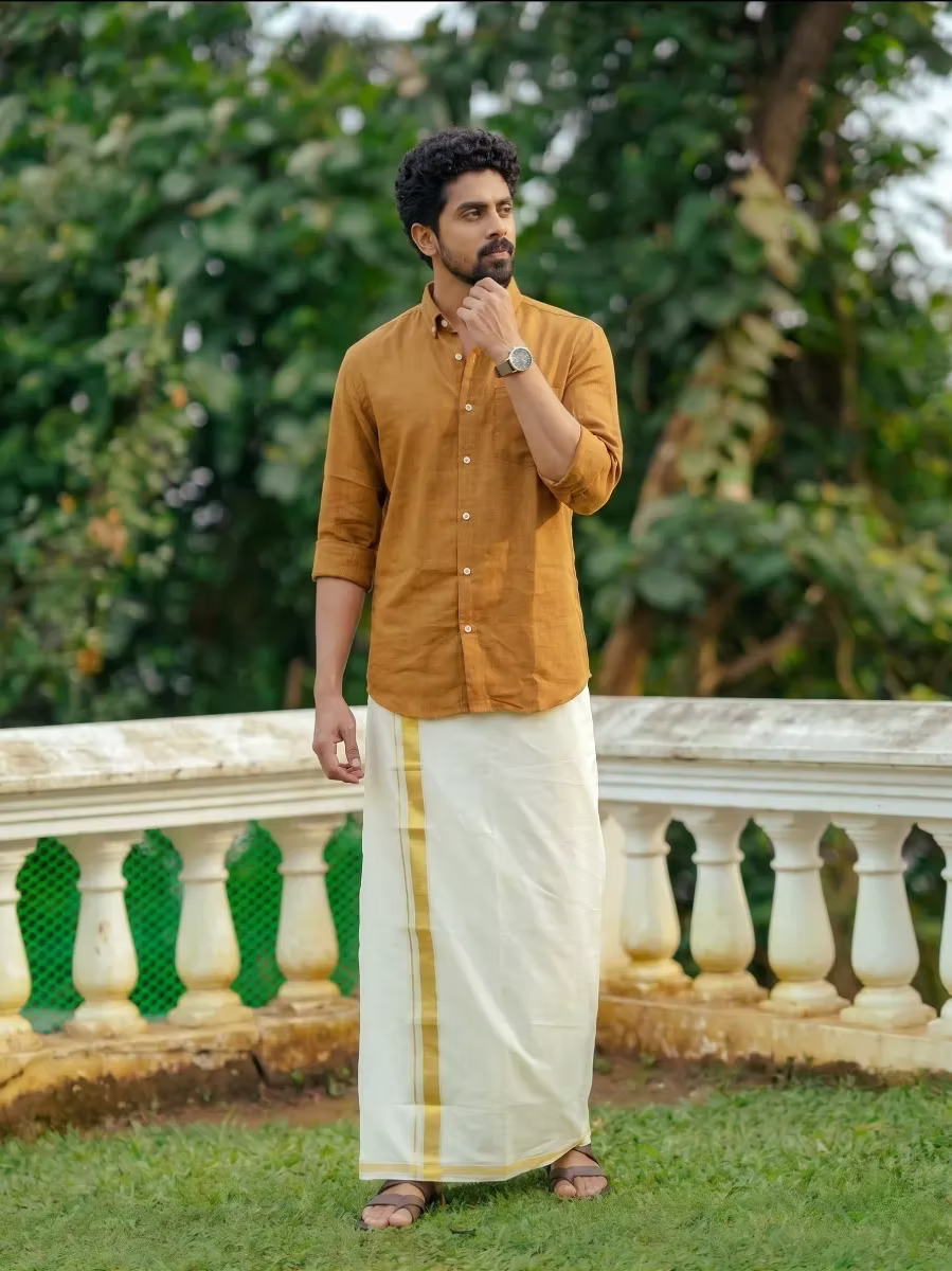 Mustard Yellow Linen Cotton Shirt and Kasavu Mundu Dhoti Combo