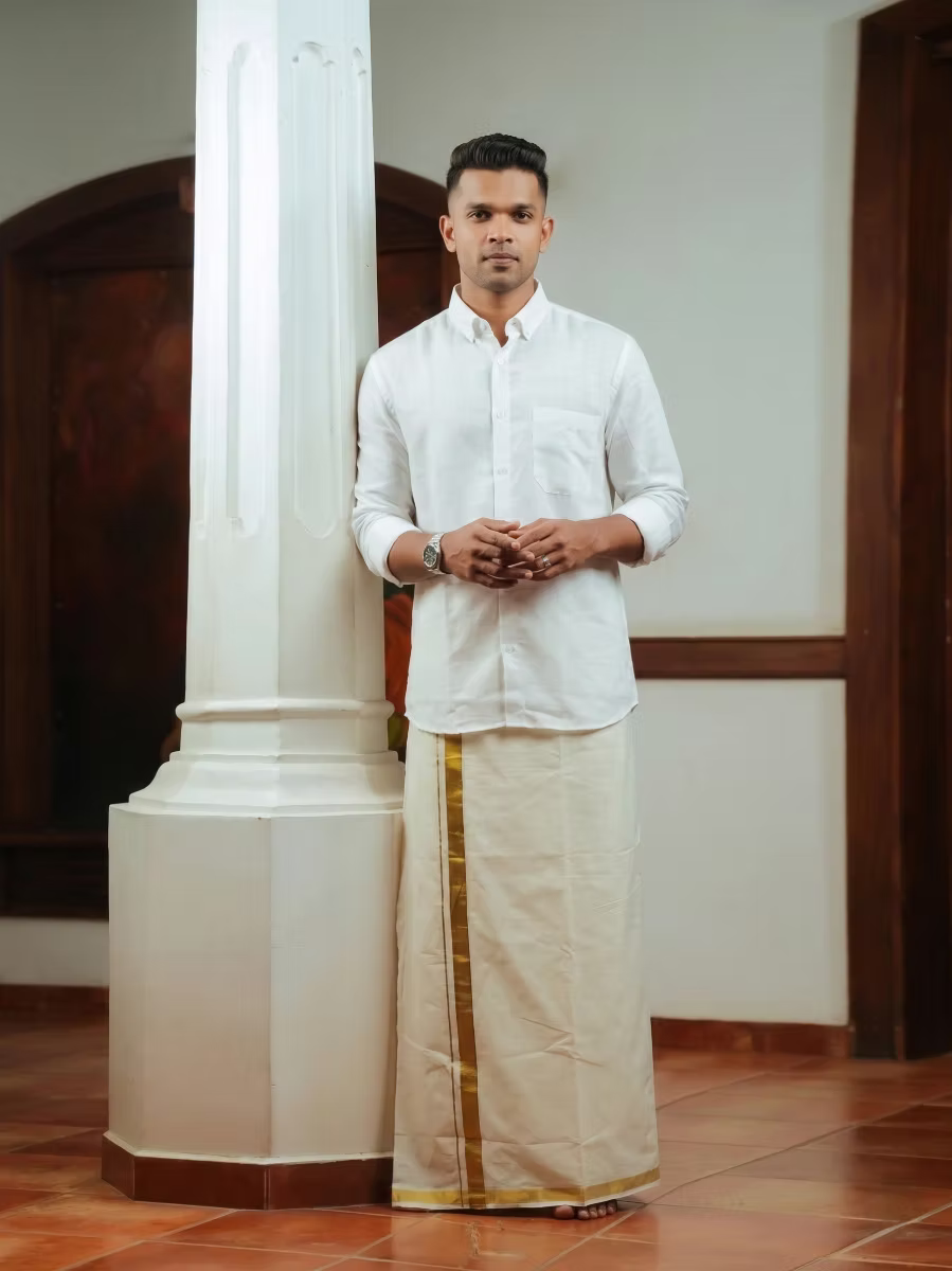 White Linen Cotton Shirt and Kasavu Mundu Dhoti Combo