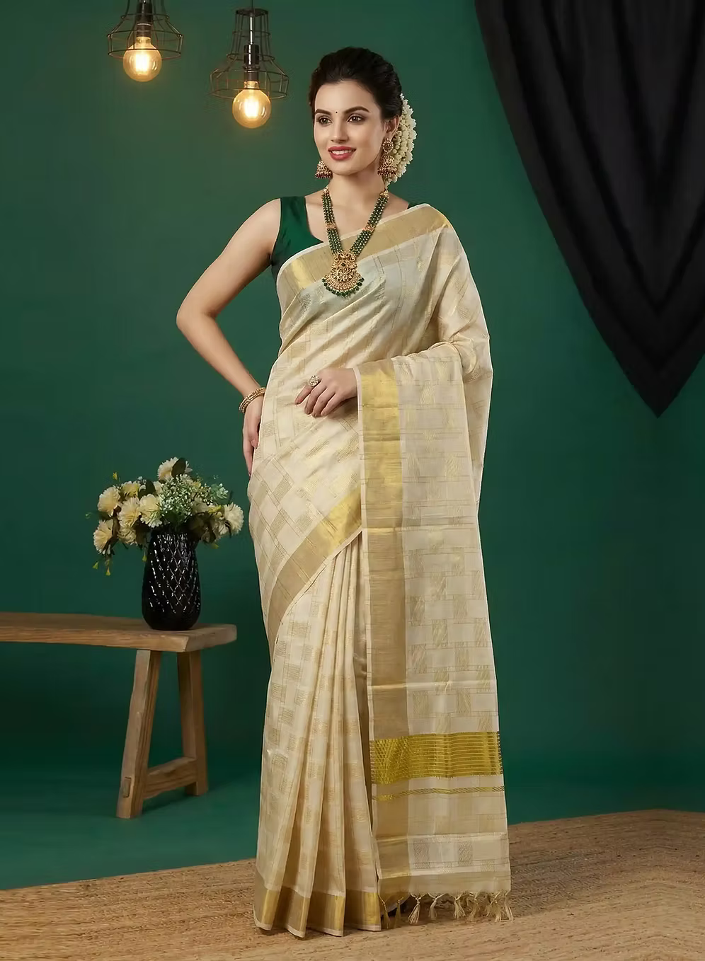 Golden Check Stripe Kasavu Cotton Saree With Tussel