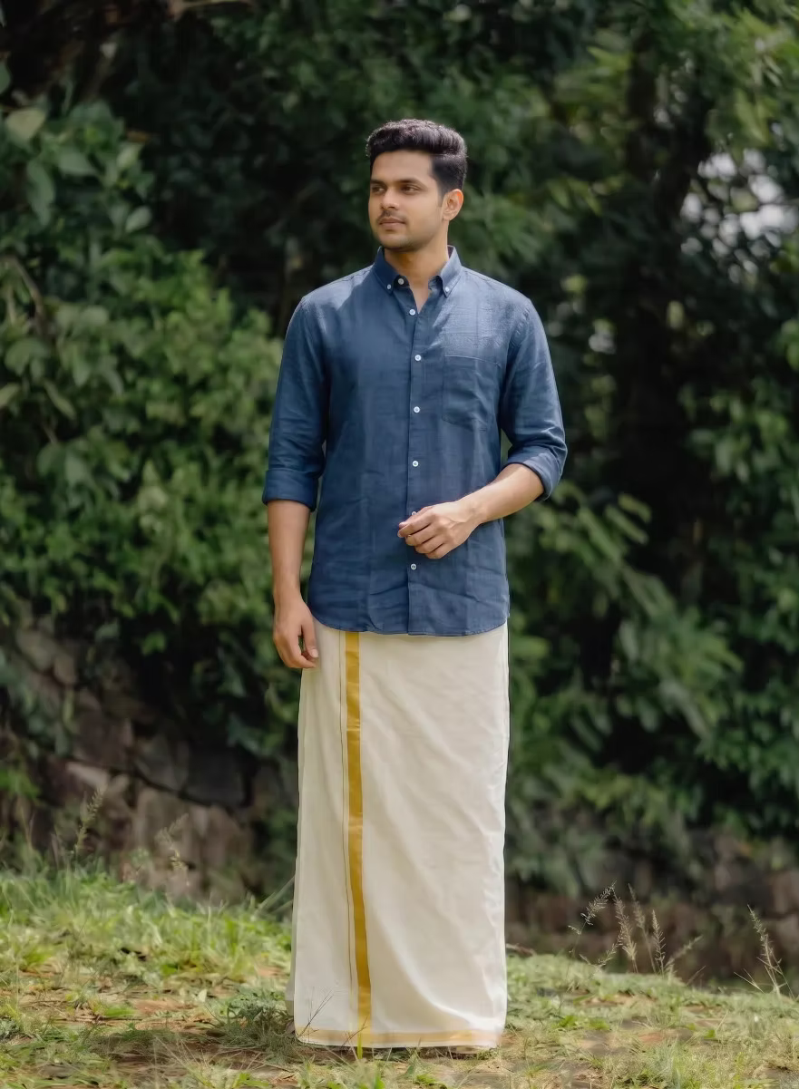 Denim Blue Linen Cotton Shirt and Kasavu Mundu Dhoti Combo