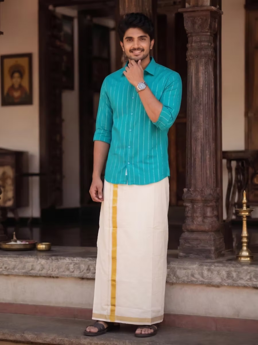 Teal Blue Golden Flecha Cotton Shirt and Kasavu Mundu Dhoti Combo