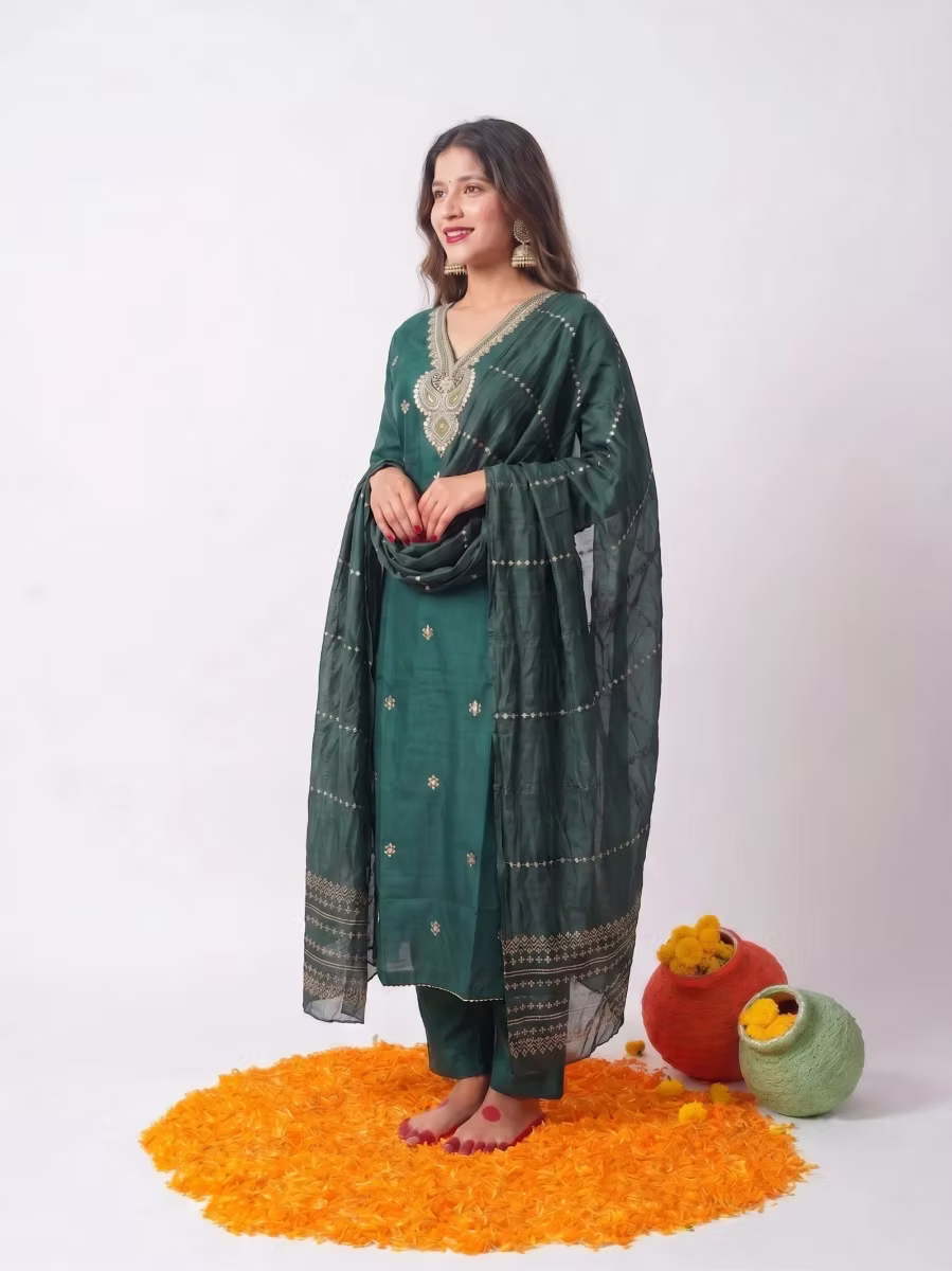 Deep Teal Green Kurta Set with Intricate Zari Embroidered Yoke & Sheer Woven Dup