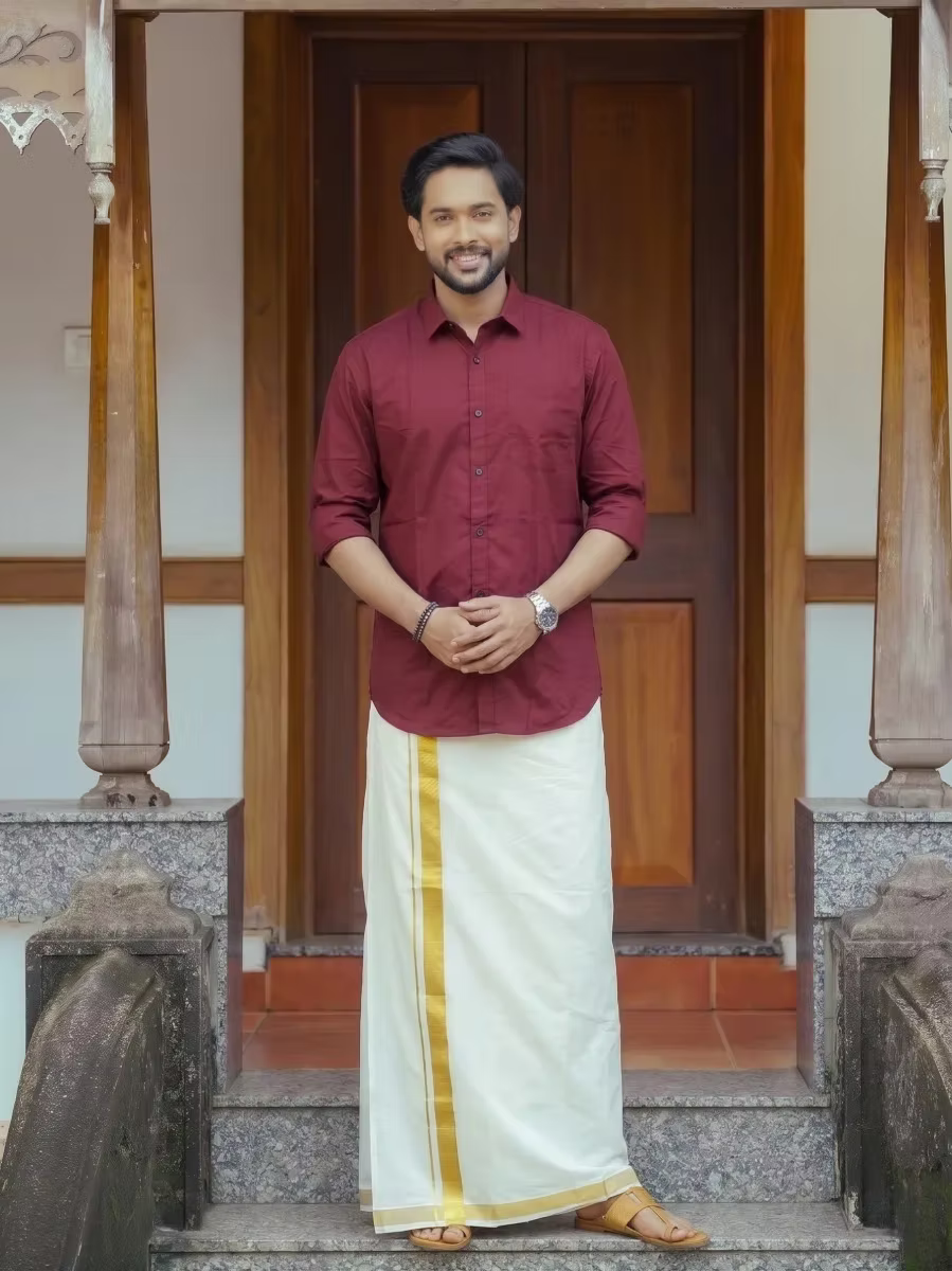 Maroon Shirt and Kasavu Mundu Dhoti Combo