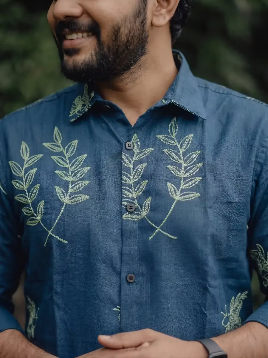 Ocean Teal Botanical Embroidery Cotton Shirt and Kasavu Mundu Dhoti Combo