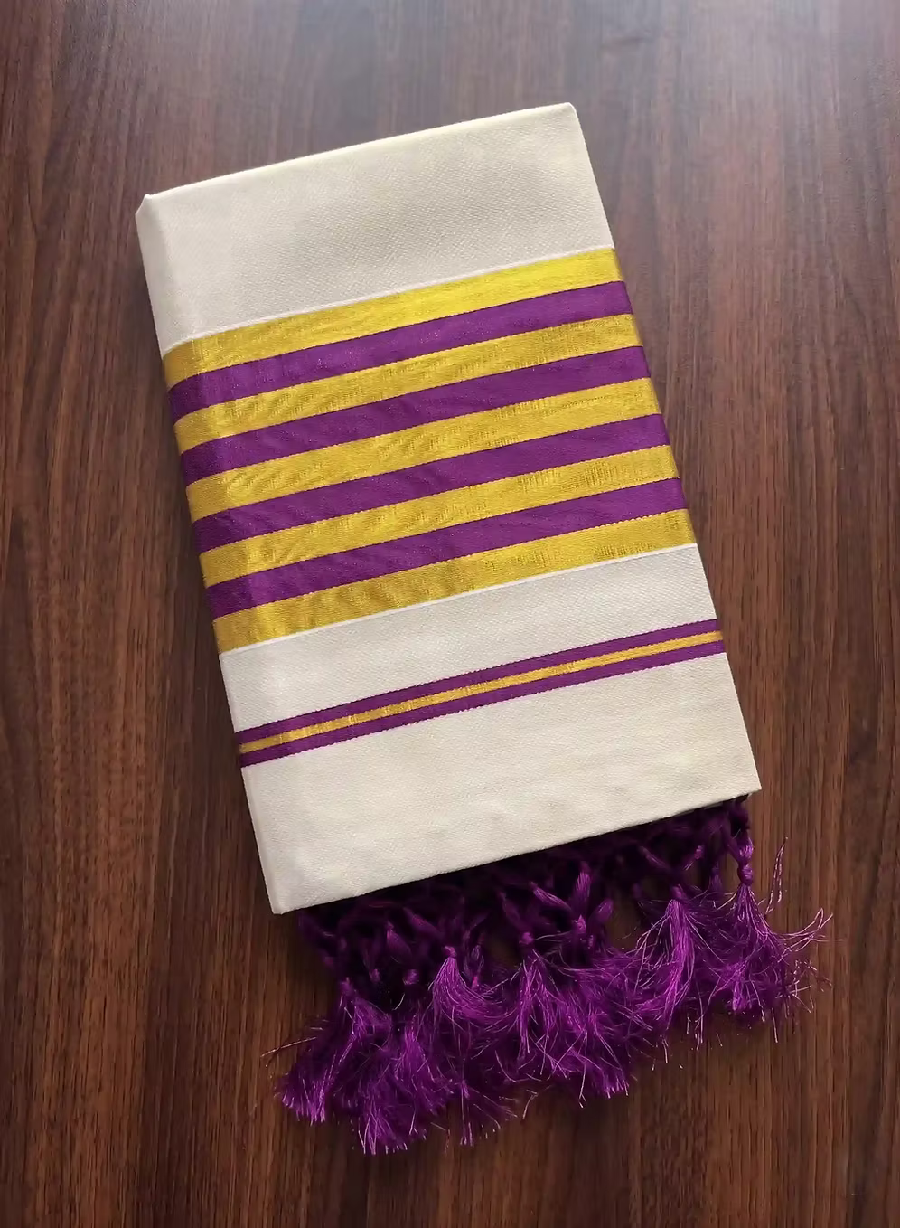 Violet & Golden Stripe Kasavu Tussel Tissue Saree