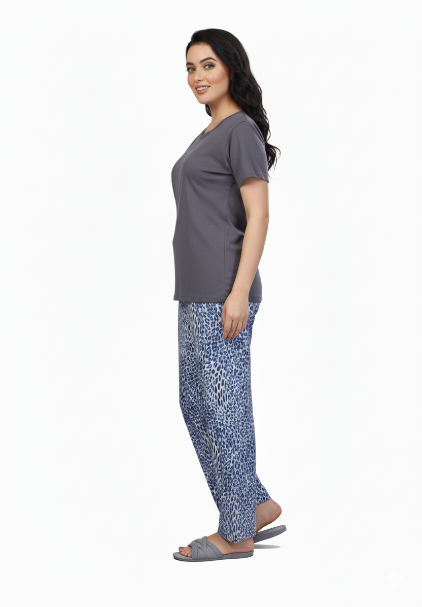 Grey Leopard Print | Rayon Cotton T-Shirt Pajamas Set | Loungewear Nightwear