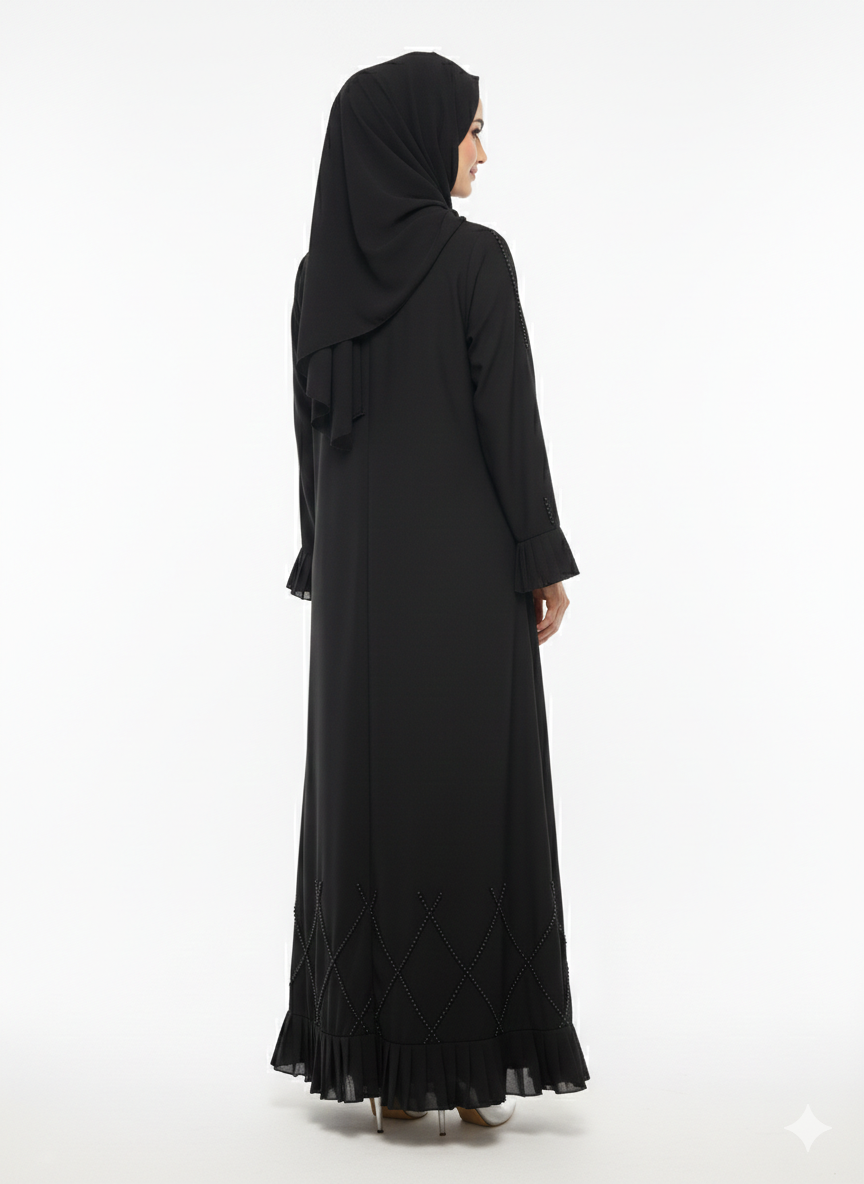 Glamoura X Midnight Cascade Black Frilled & Diamond-Beaded Abaya