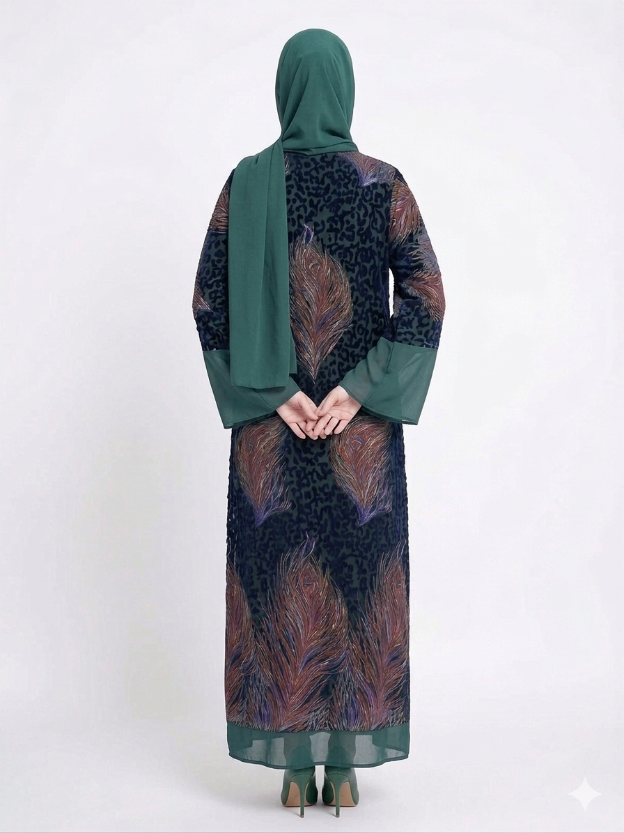 Glamoura X Emerald Serenity Dark Green Sheer Chiffon Abaya