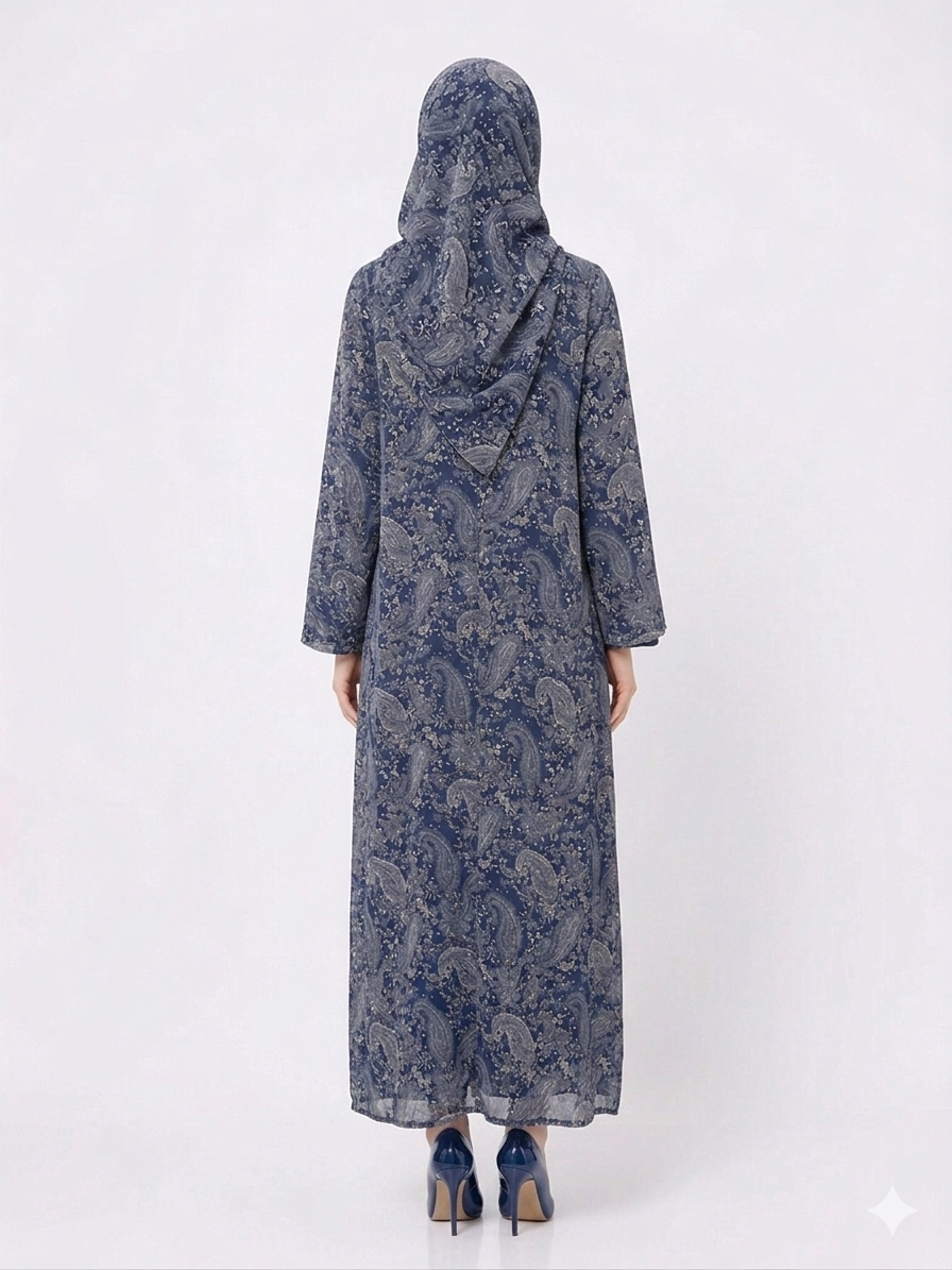 Glamoura X Midnight Blue Paisley Pashmina-Feel Modest Kimono Abaya