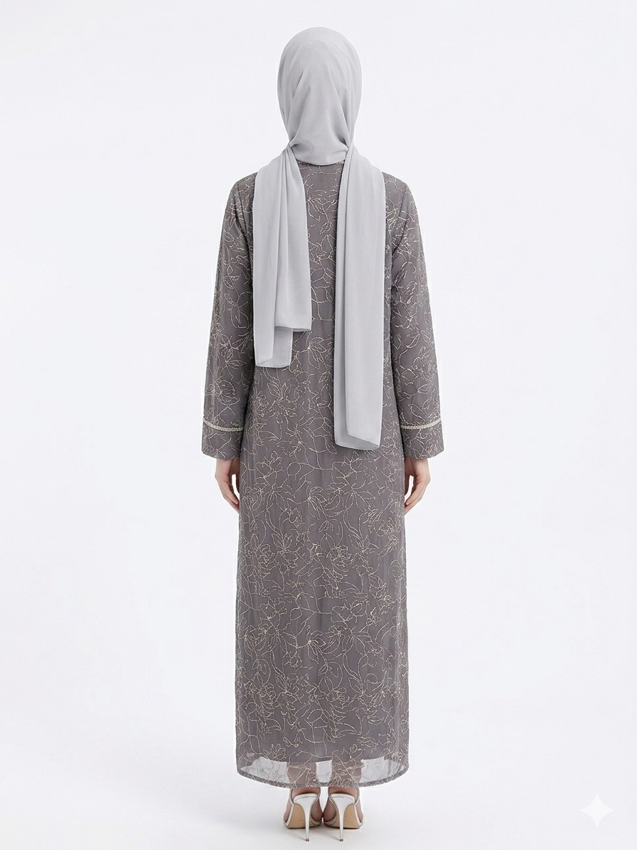 Glamoura X Silver Grey Flora Sheer Kimono Elegant Abaya