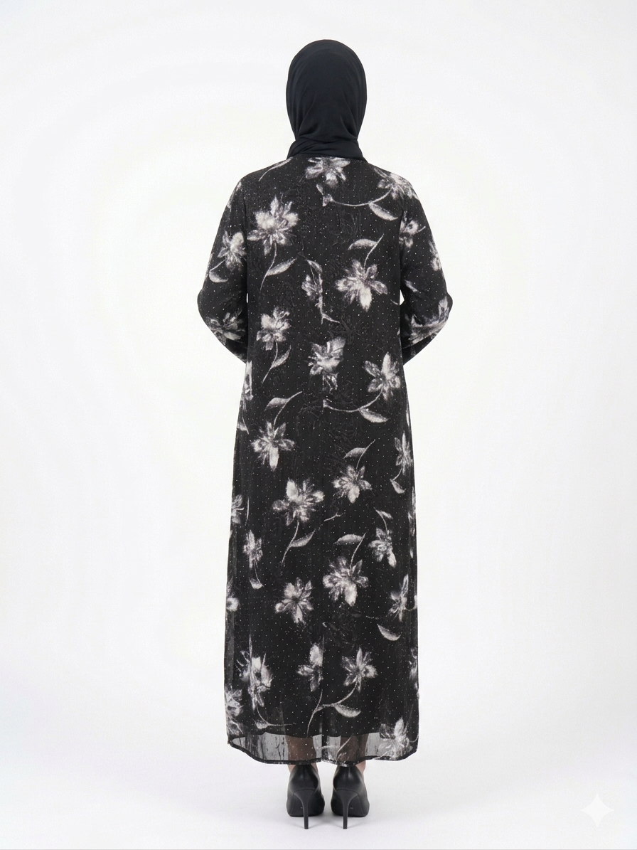 Glamoura X Midnight Black and White Flora Sheer Kimono Abaya
