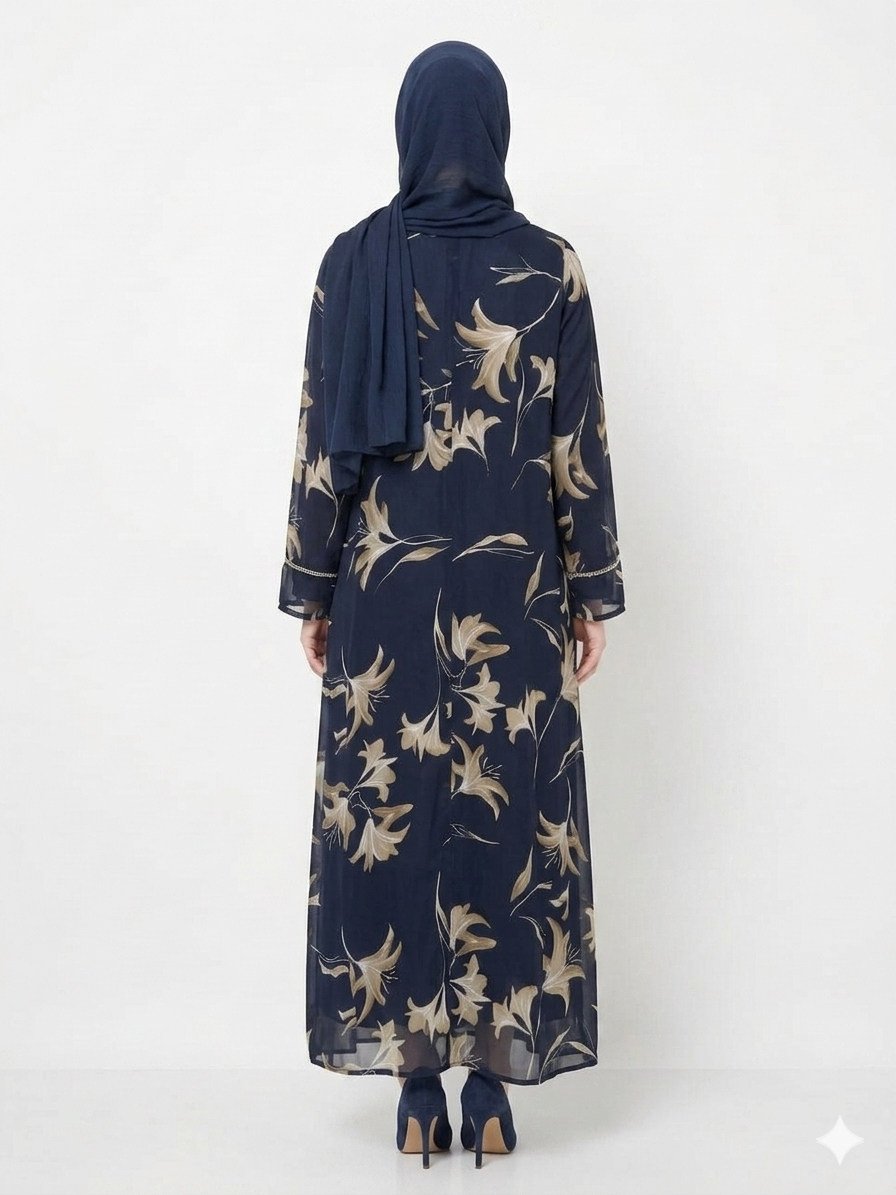 Glamoura X Navy Bloom Sheer Floral Kimono Modest Abaya