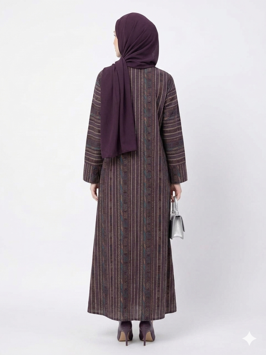 GLAMOURA X Amethyst Heritage Cotton Purple Abaya | Woven Geometric Pattern & Matching Hijab