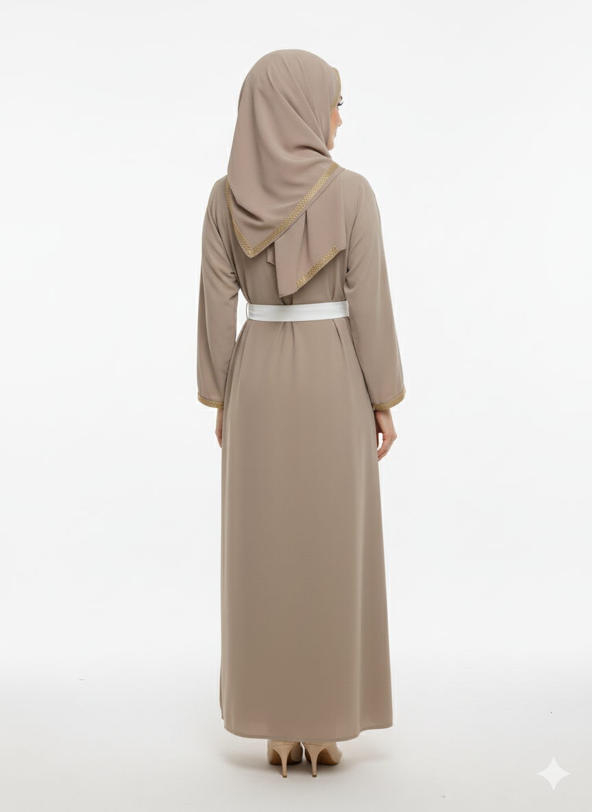 Taupe Open Abaya | Gold Trim Belted | Glamoura X White Inner Dress Modest Fashion