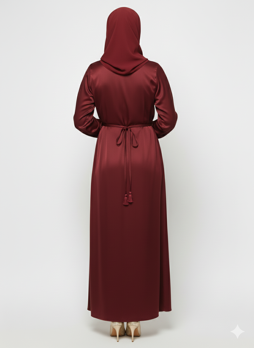 Burgundy Glamoura X Satin Abaya | Silver Floral Embellishment | Tasseled Belt Luxury Modest Dress