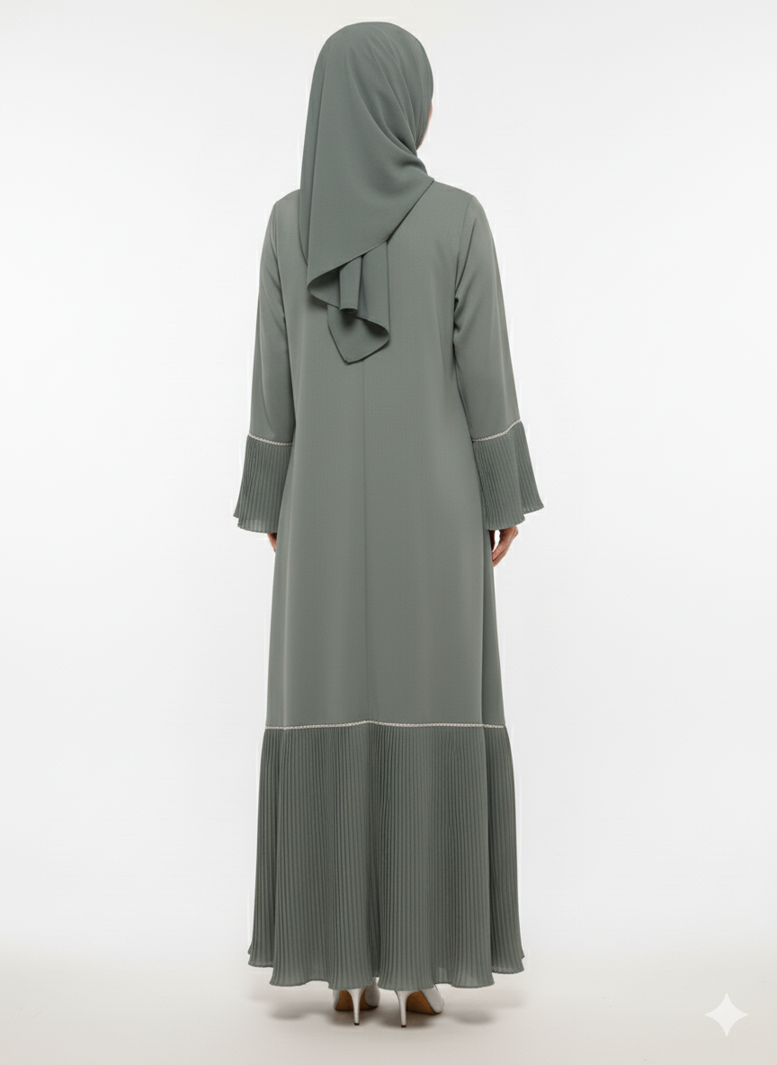 Glamoura X Sage Green Abaya | Accordion Pleated Flared Cuffs & Hem | Silver Piped V-Neck | Modern Textural Modesty