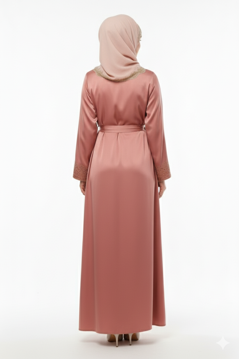 Glamoura X Dusty Rose Satin Abaya | Gold Scalloped Embellishment | Tie-Waist Kimono Silhouette | Luxury Bridal/Evening Wear