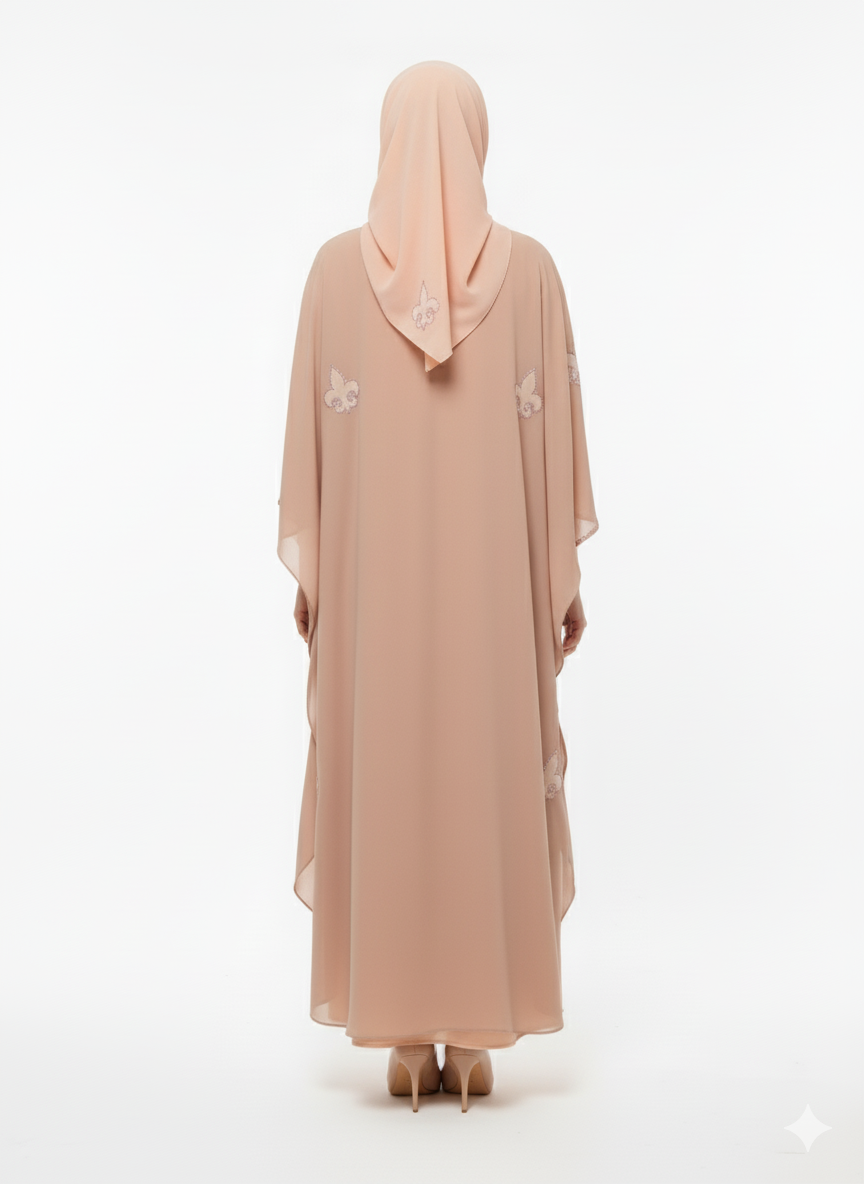 Glamoura X Dusty Rose Chiffon Abaya | Fleur-de-lis Motif Embellishment | Flowing Butterfly Silhouette | Soft Pastel Occasion Wear