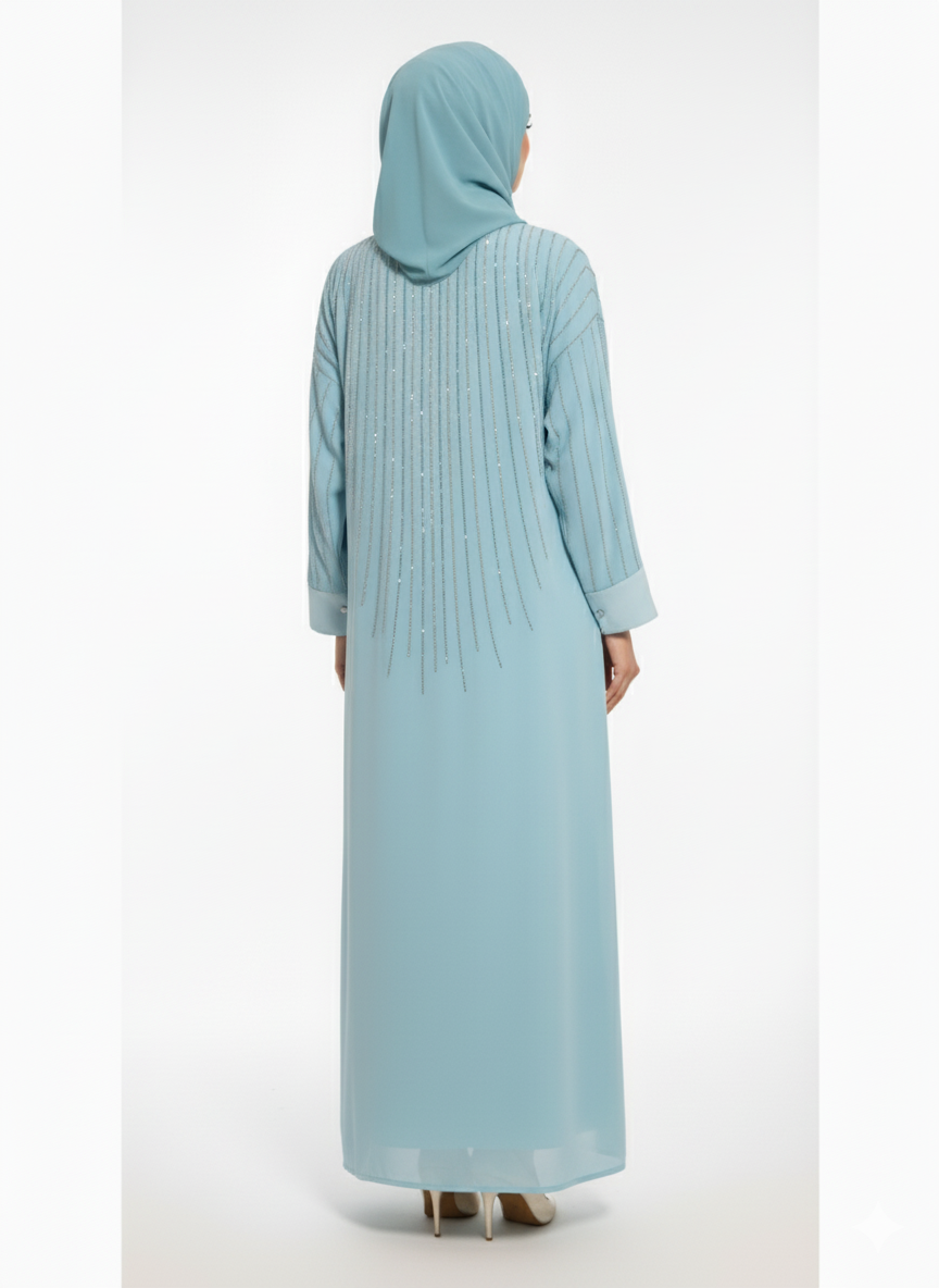GLAMOURA X Aqua Blue Chiffon Abaya | Silver Sequin Embellished Yoke | Flowing Butterfly Silhouette | Ethereal Occasion Wear
