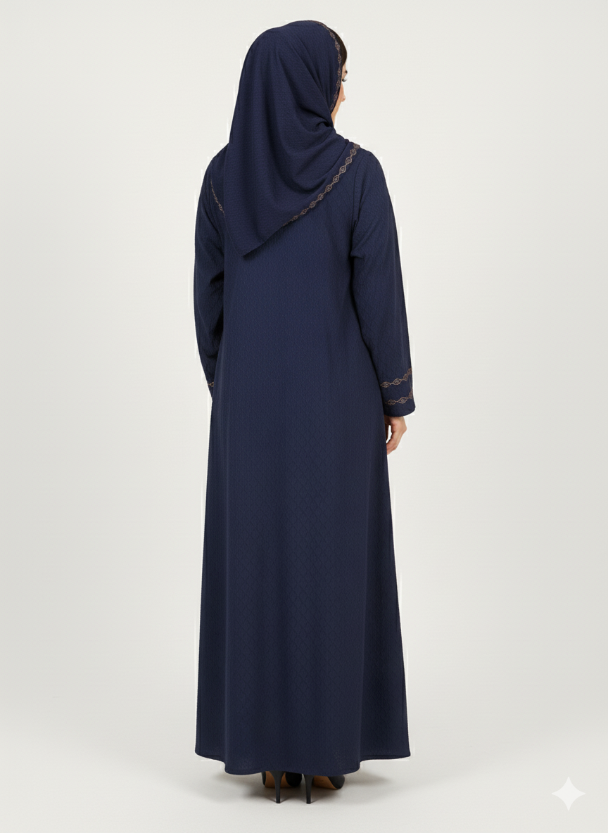 Glamoura X Navy Blue Textured Abaya | Bronze Geometric Embroidery | Full Coverage A-Line Silhouette | Modern Modesty Dress