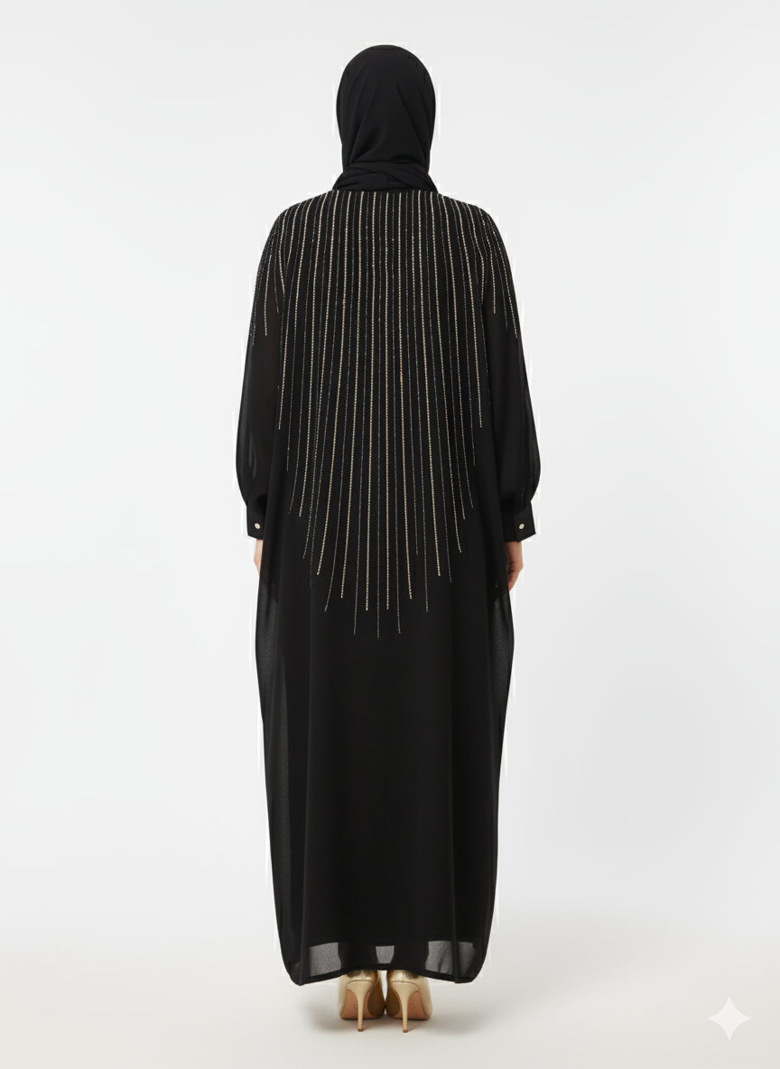 Glamoura X Black Open Abaya | Vertical Beaded Embellishment | Voluminous Batwing Sleeve Cut | Luxury Evening Modest Wear