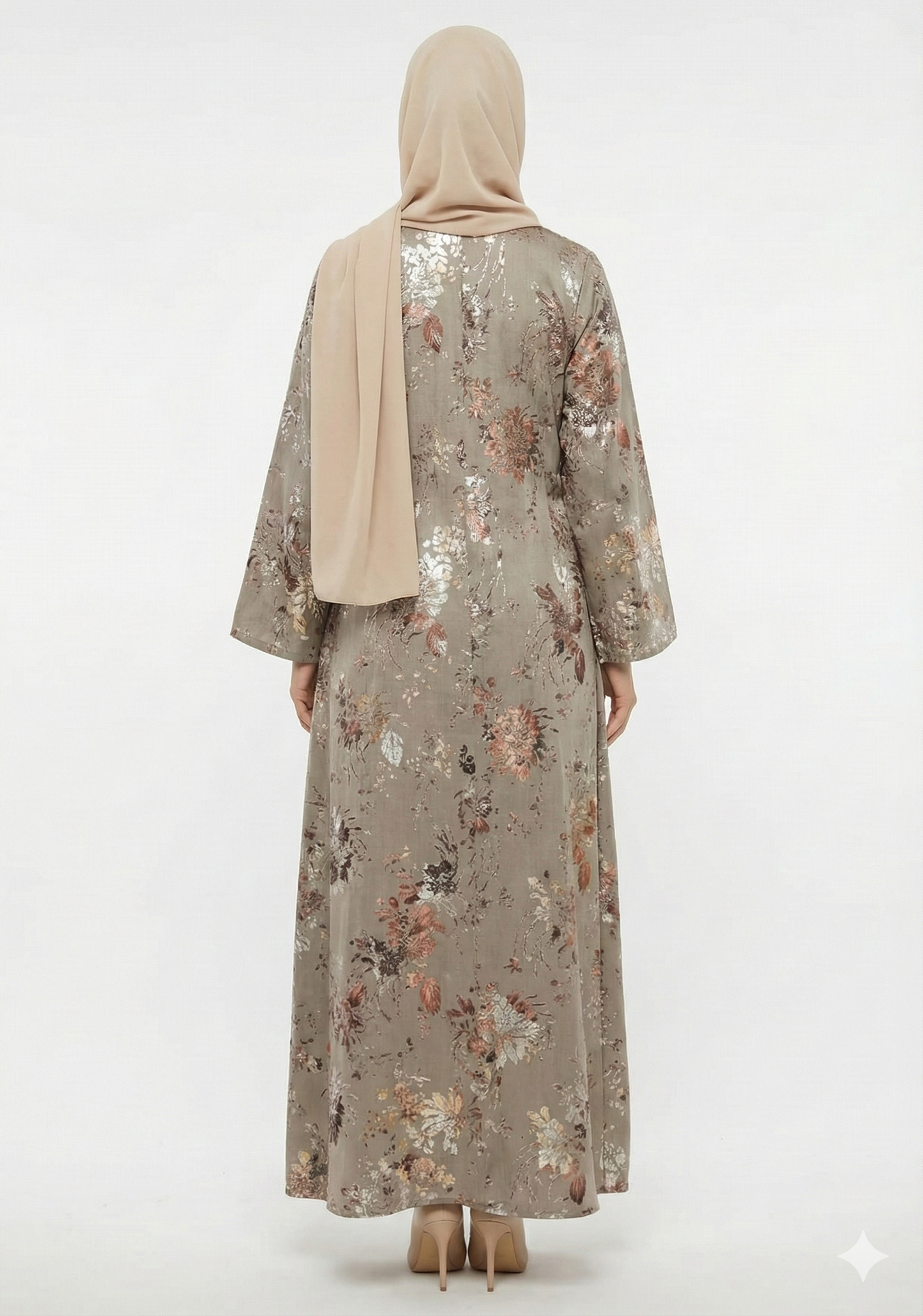 Golden Flora Beige Gilded Sands Foil Print Abaya | Glamoura X Luxury Beige & Gold Metallic Modest Wrap