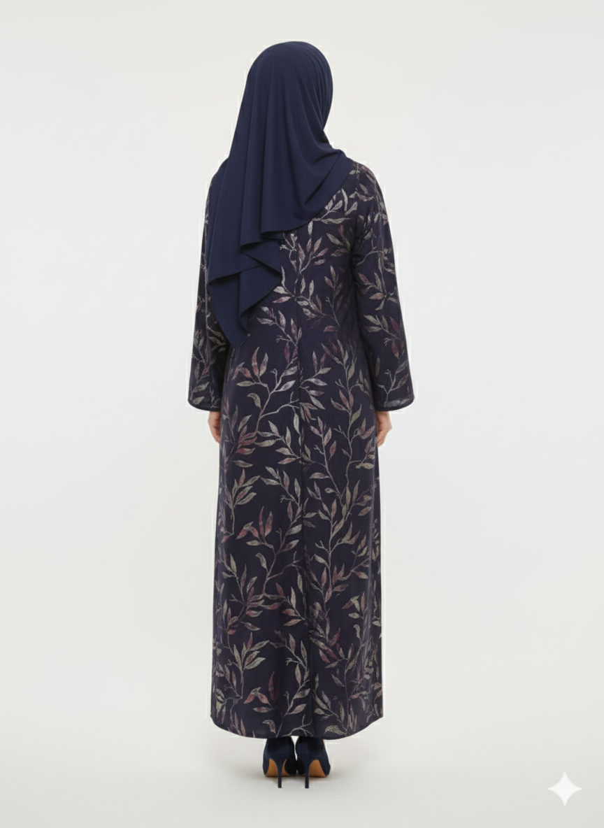 Midnight Starlight Foil Print Abaya | Silver Foil Botanical | GLAMOURA X