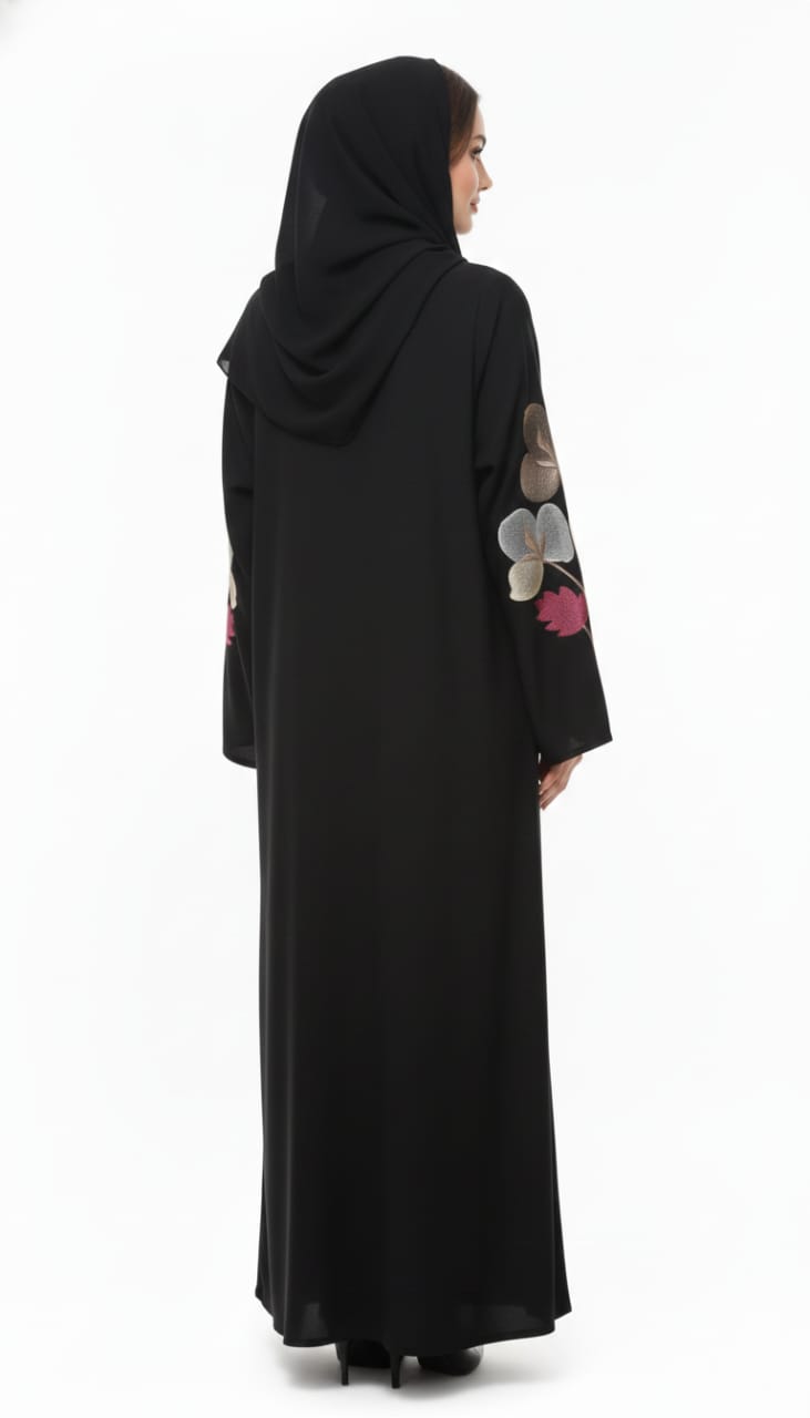 Midnight Bloom Hand-Embroidered Abaya | Floral Silk Embroidery | GLAMOURA X